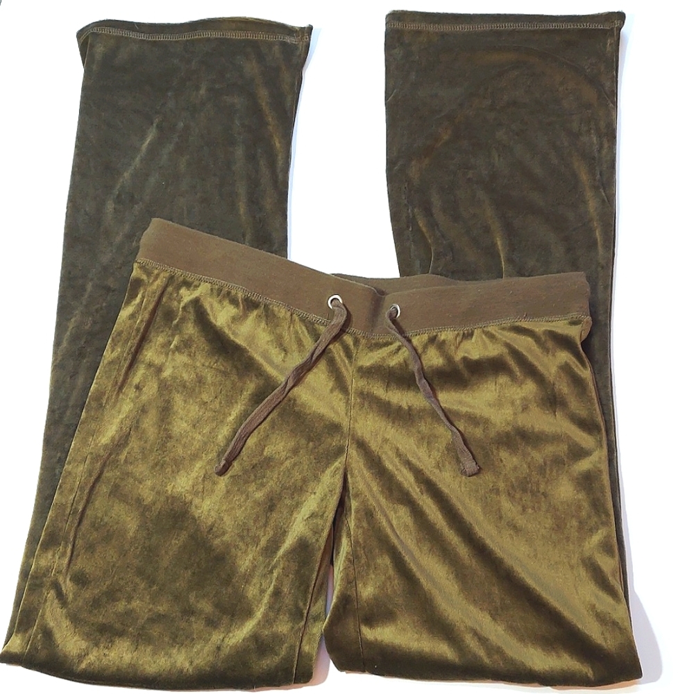 Flare Easy Wear Ladies Soft Velour Velvet Shiny Olive Medium Pants Beta House